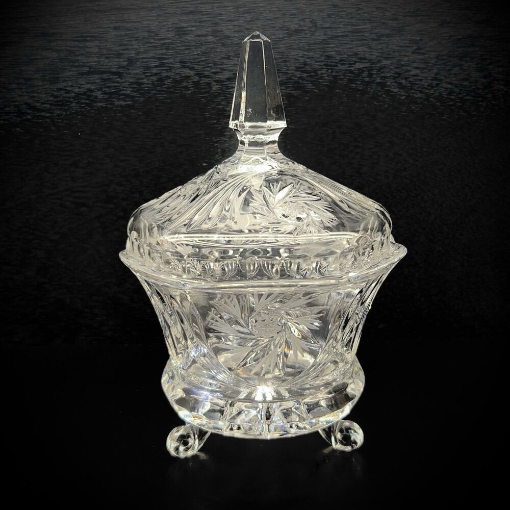 Vintage Crystal Clear Pinwheel 3-toed Compote/ Candy Dish